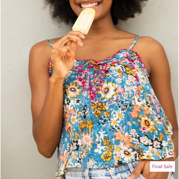 Natural Life S New Embroidered Harley Top Blue Tan Pink Floral Boho Tank Flower - Picture 4 of 8